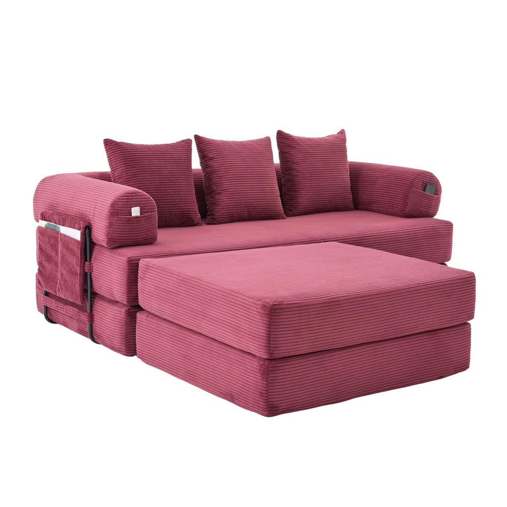 Divano modulare in corduroy con pouf e tasca laterale 200x190x67 cm; bordeaux vino