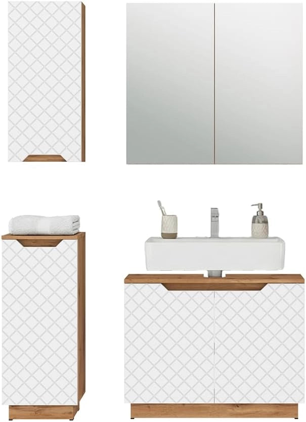 Set di mobili da bagno Lotta, Rovere/bianco con struttura in piastrelle, 4 parti
