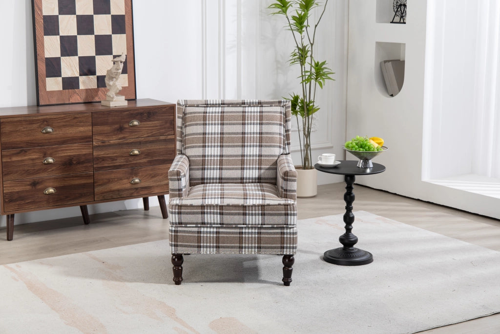 POLTRONA Imbottita 74x66x43,5 cm in Tessuto Cotone Lino Marrone e Bianco