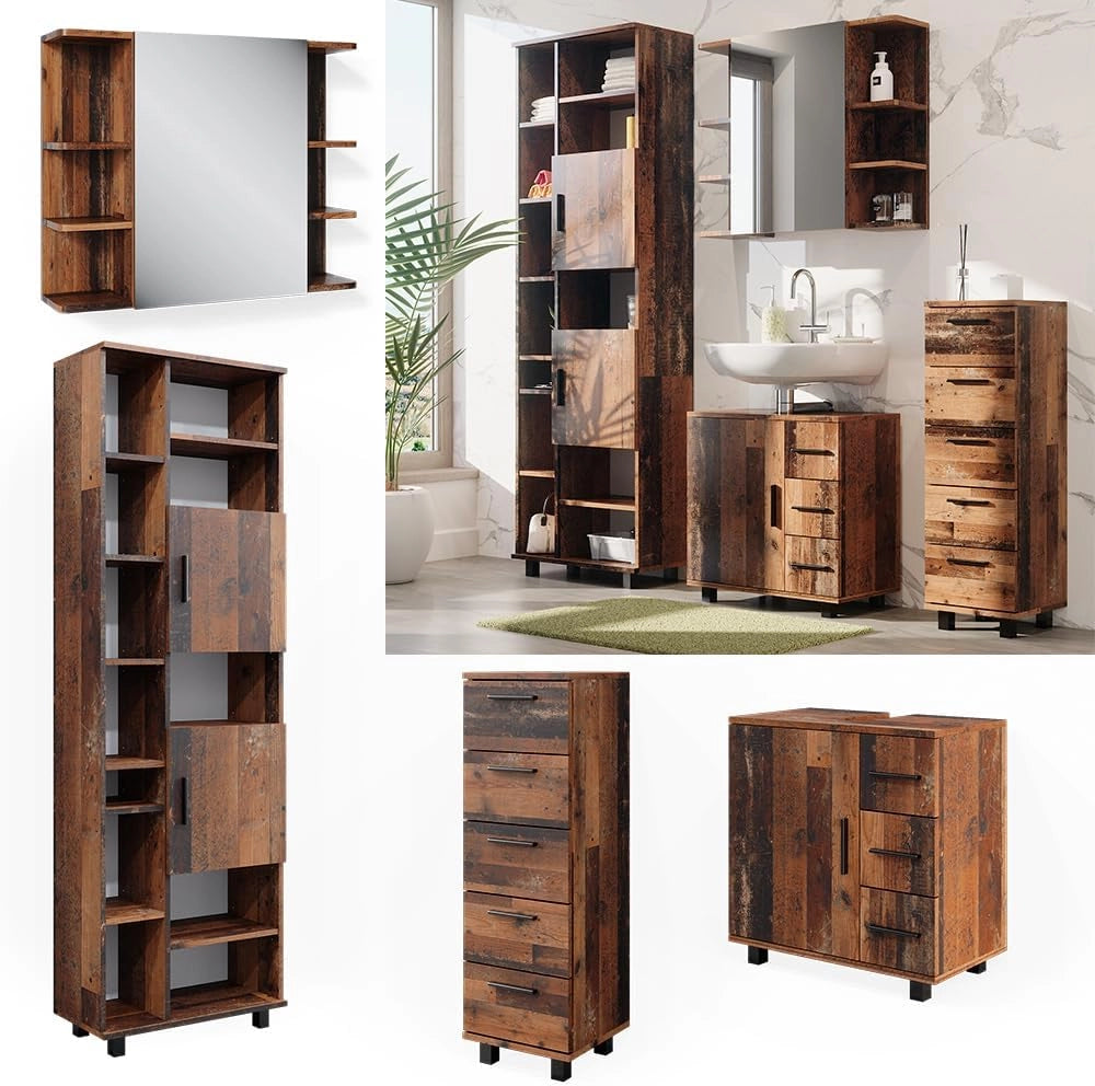 Set di mobili da bagno Ilias, Rovere rustico, 60 cm, composto da mobile lavabo, pensile a specchio, colonna e base media