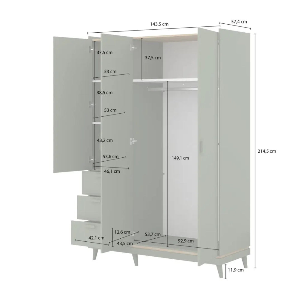 Armadio NOKI – 3 porte verde e legno – Stile scandinavo
