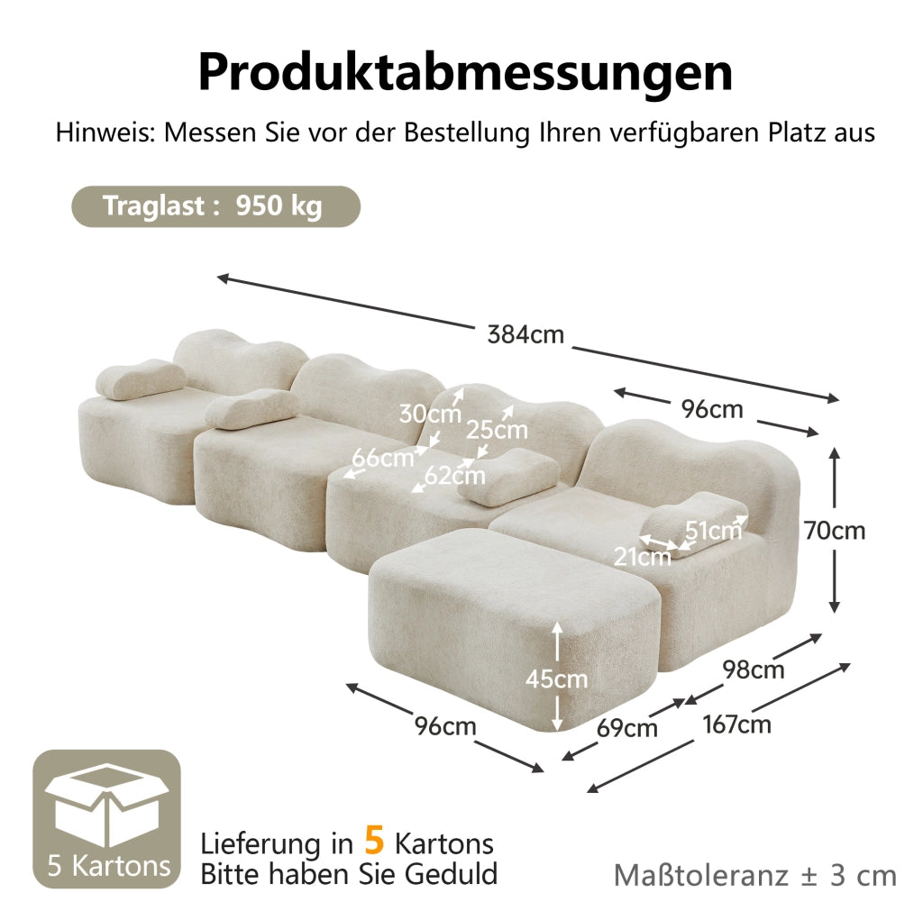 Divano angolare modulare a 4 posti con pouf in velluto beige, forma ondulata e imbottitura in schiuma
