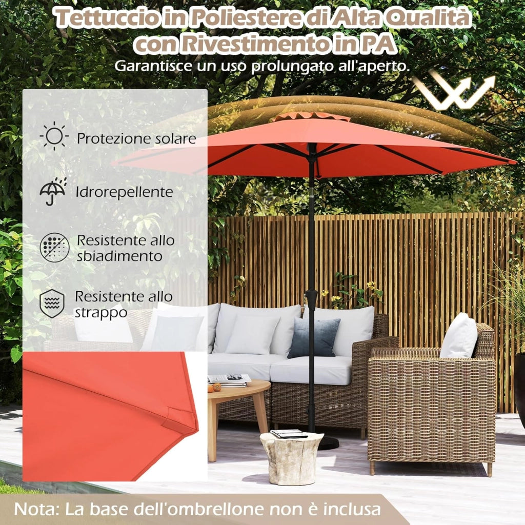 Ombrellone da Giardino, Diametro 290 cm, Ombrello da Spiaggia con Manovella e Inclinazione Regolabile, Ideale per Spiaggia, Balcone, Giardino (Arancione)