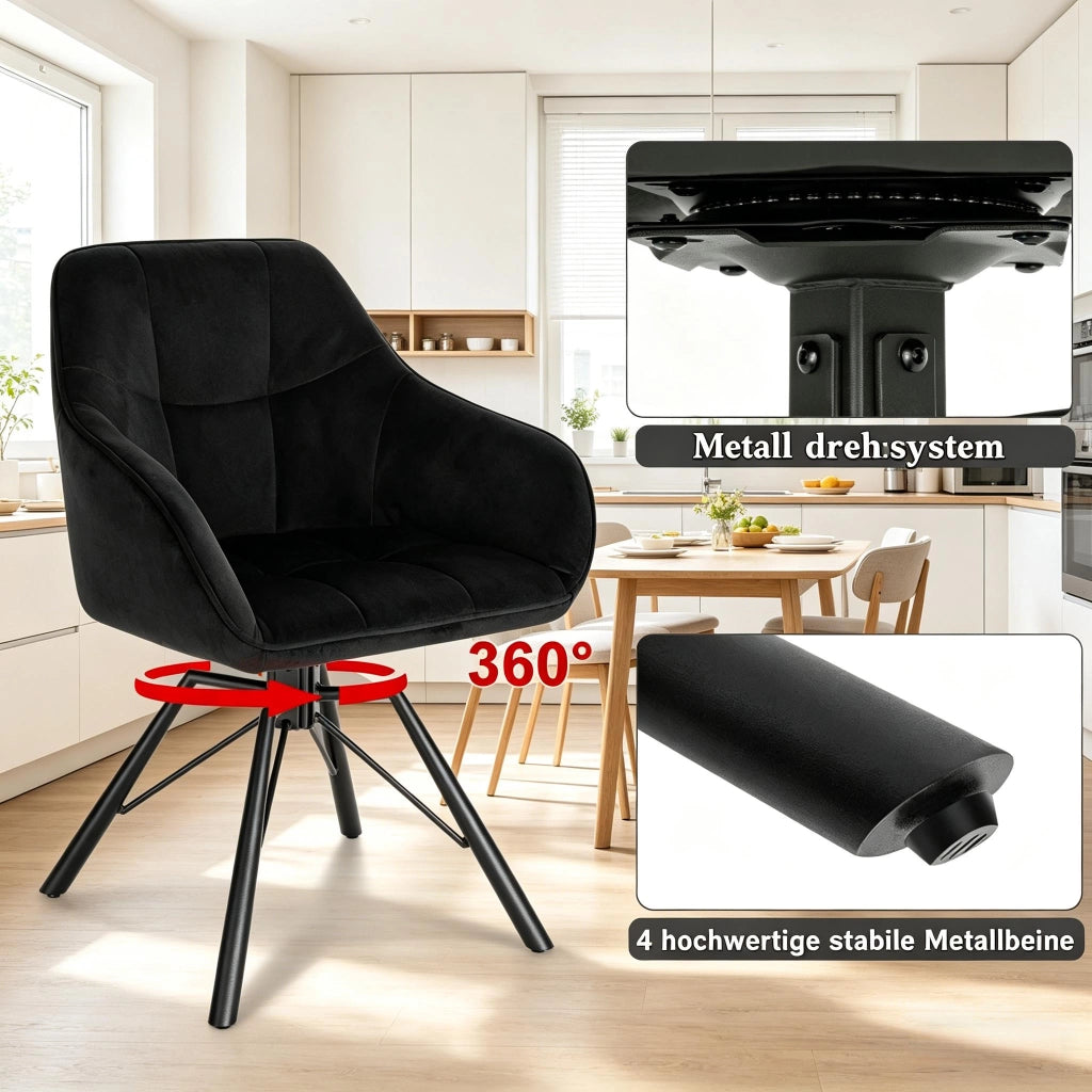 Chaise da pranzo girevole con braccioli e seduta ampia ergonomica in velluto e metallo nero set da 2 pezzi