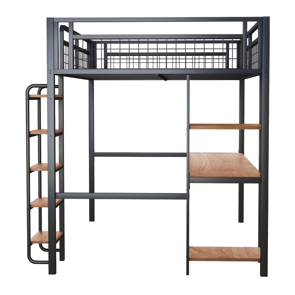 Letto a soppalco 140x200 cm in metallo con scrivania; scaffali e scala; nero