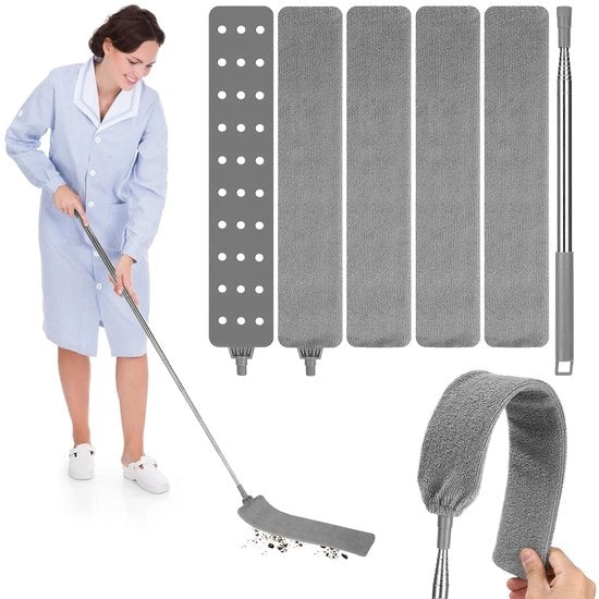 Aspiratore di polvere e polvere, aspiratore di polvere piano con maniglia telescopica in acciaio inox e 4 pannelli lavabili per sotto il divano, armadi e letto