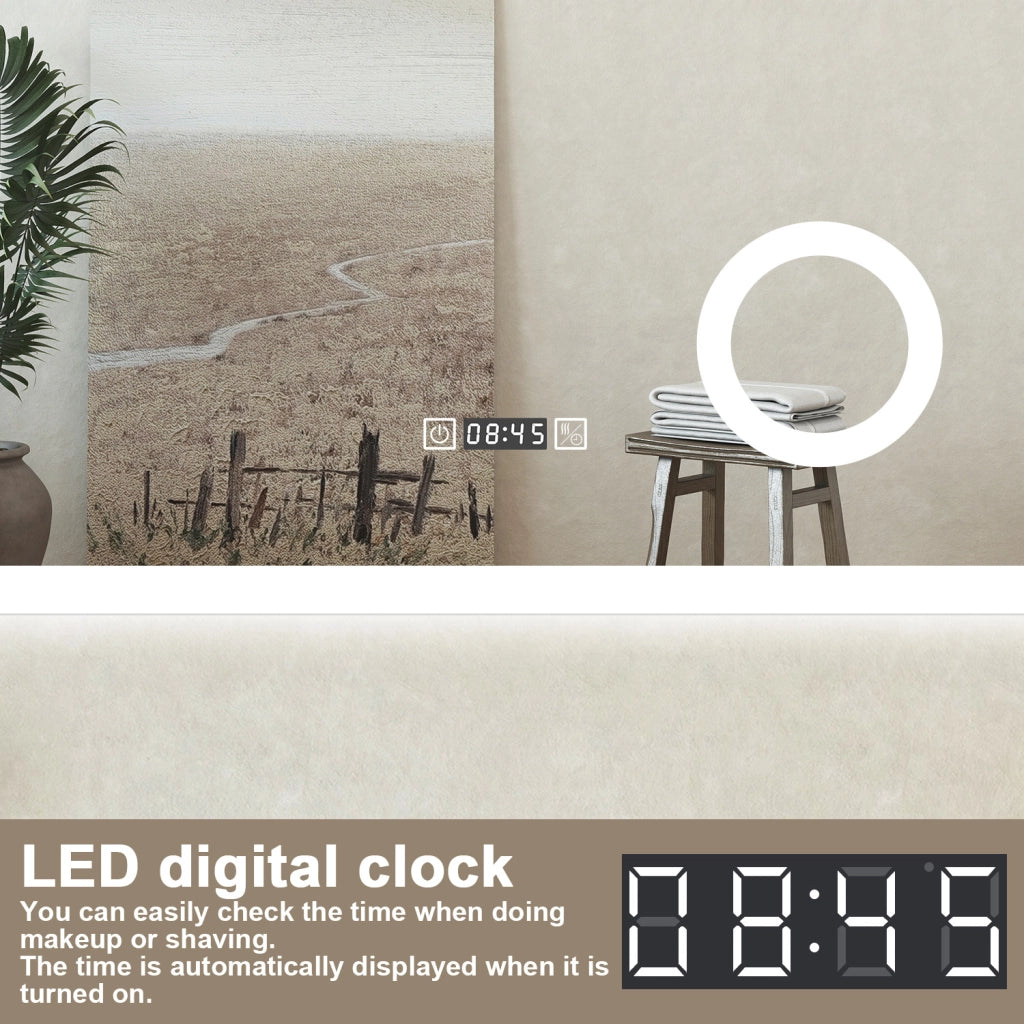Specchio bagno Rettangolare 120x70cm Led Con 3 Luci + 3X Lente d'ingrandimento + Orologio + Antiappannamento