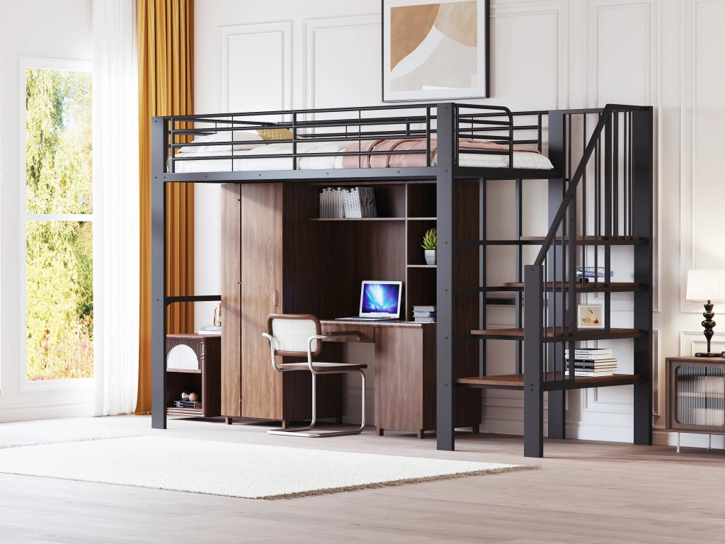 DESMIU Letto a Soppalco 1 Posto con Scala e Ampio Spazio Contenitore 90 × 200 cm, senza materasso, Metallo e Legno, Nero