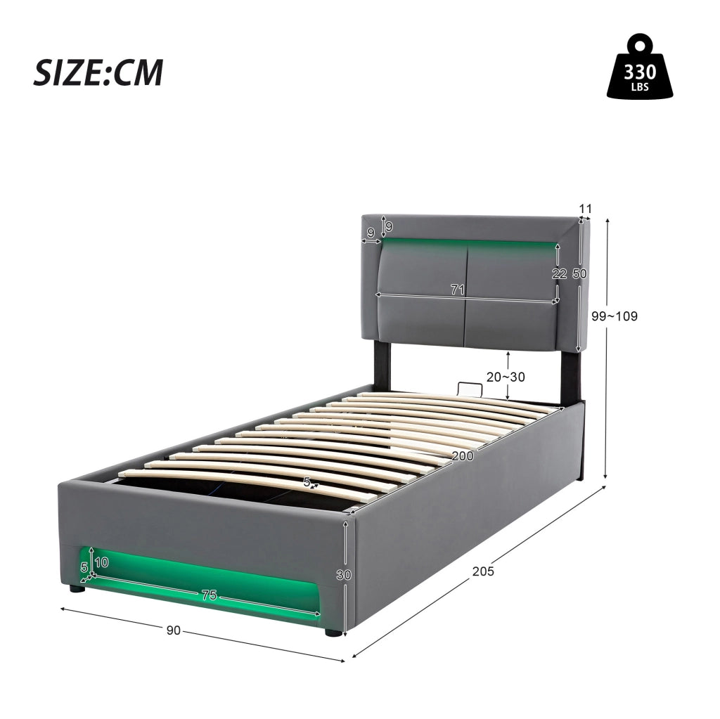 Letto imbottito 90x200 cm in PU grigio con USB; LED e contenitore; senza materasso
