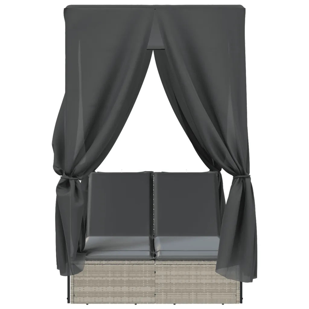 Lettino Prendisole Tetto e Tende Grigio Chiaro in Polyrattan 368077