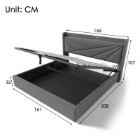 Letto Matrimoniale con Contenitore, Funzione di Ricarica USB Tipo C, in Cotone Lino, Senza Materasso, 160x200cm, Grigio