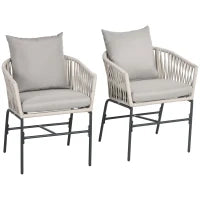 Set 2 Sedie da Giardino in Stile Boho con Rivestimento in Corda e Cuscini Imbottiti, Grigio