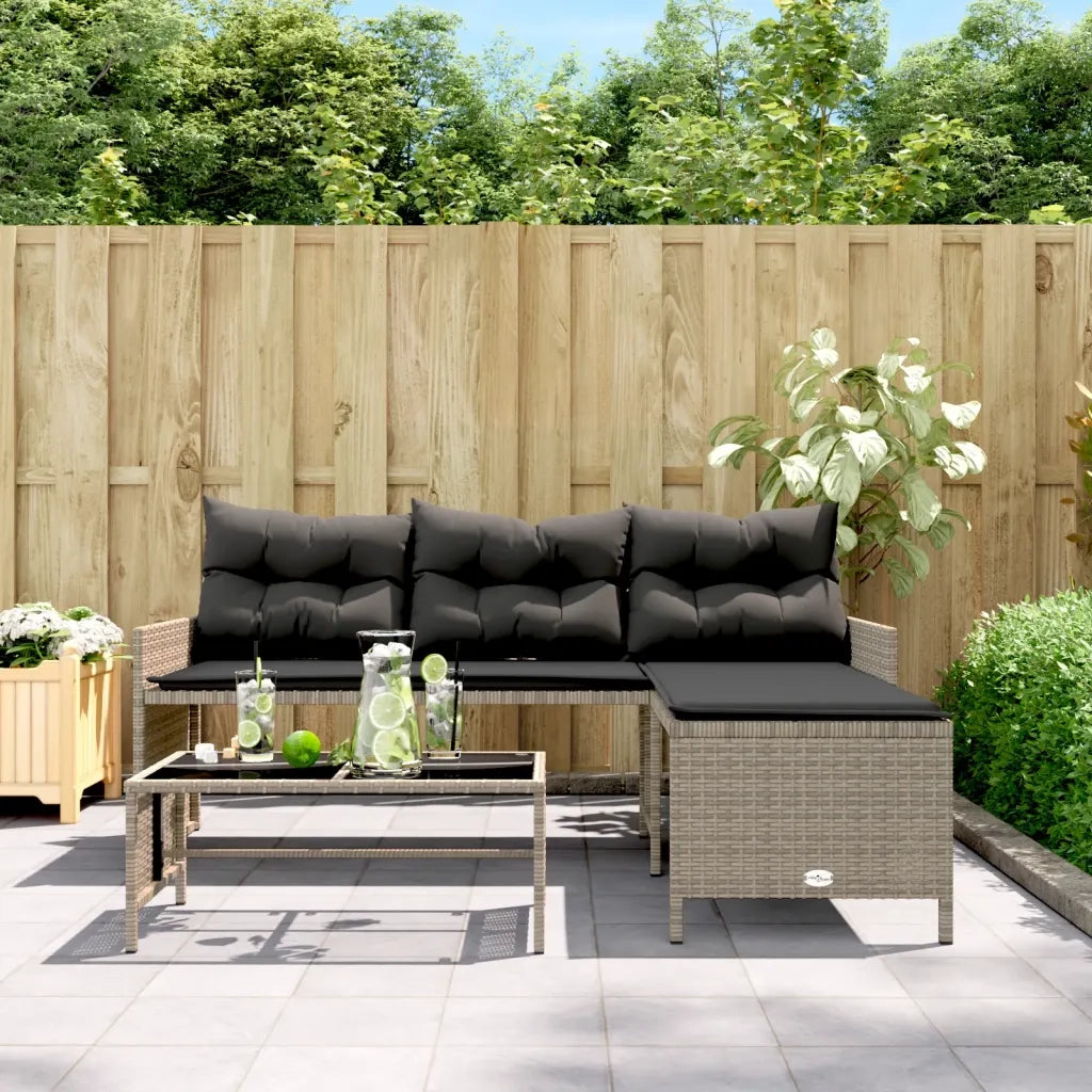 Divano da Giardino con Tavolo e Cuscini a L-Sofa da Giardino-Divano da esterno Grigio Polyrattan 240472