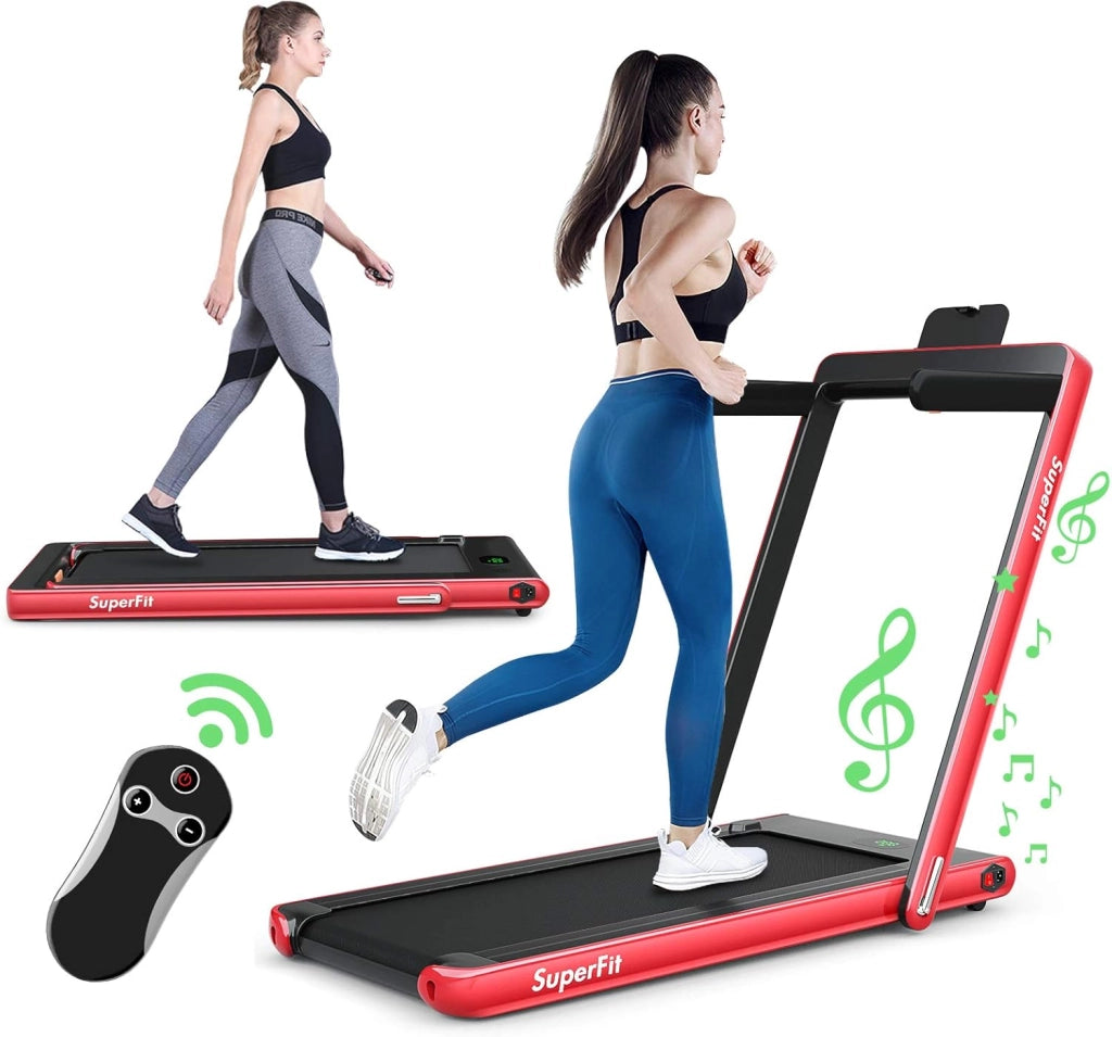Tapis Roulant Elettrico Pieghevole Salvaspazio, Tapis Roulant Velocità Regolabile 1-12 km/h, con Altoparlante, Bluetooth, Telecomando e Schermo LED, Portata 120 kg (Rosso)