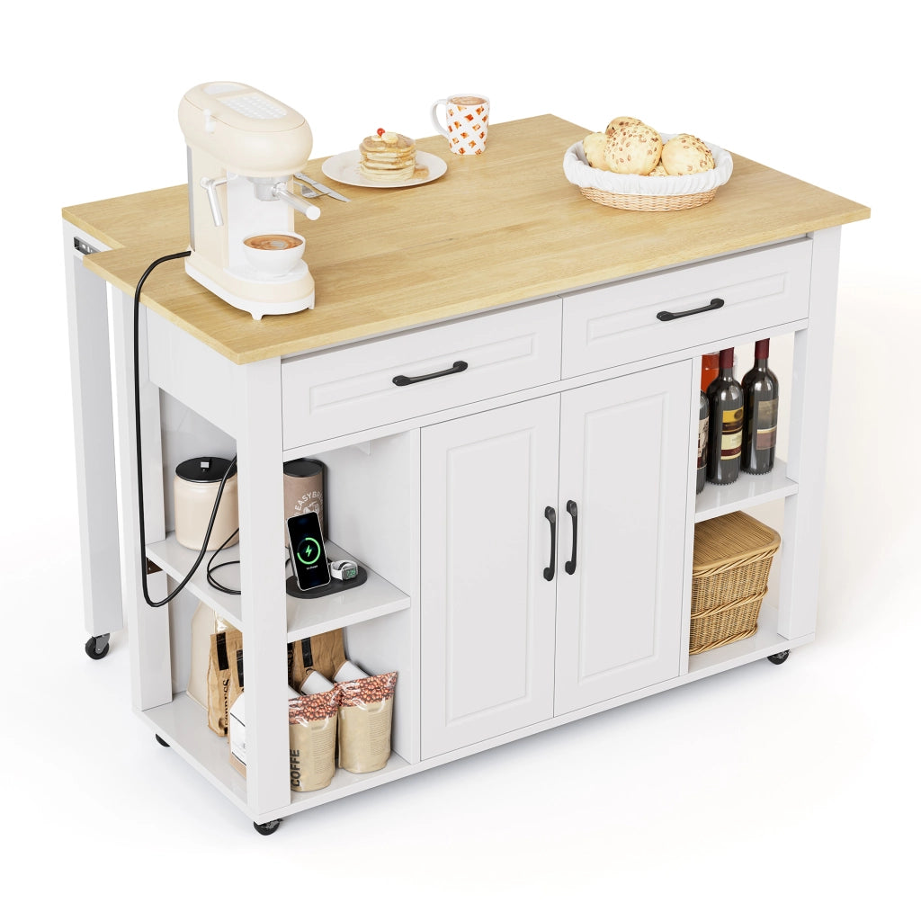 Isola da cucina estraibile 120 cm - Zephmum - Con bar e prese, 2 cassetti e 2 ante con scaffali