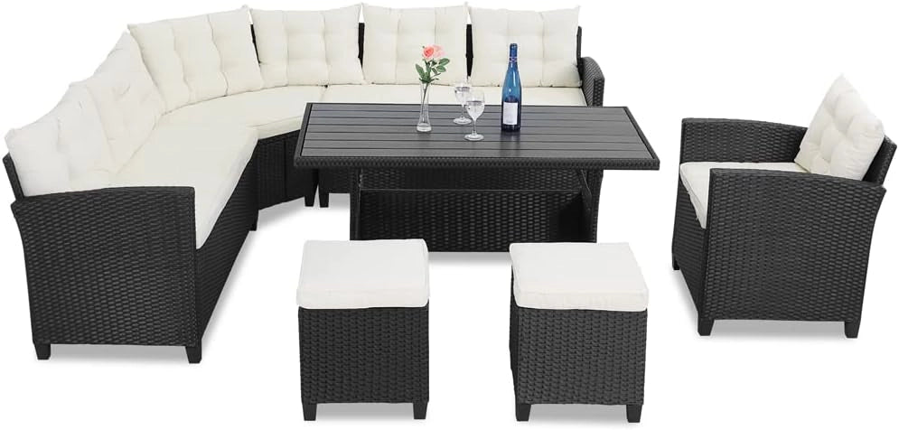 Gruppo Mobili da Esterno Giardino Polyrattan Salottino Lounge in WPC Tavolo Panca Angolo Sgabello Poltrona 9 Persone