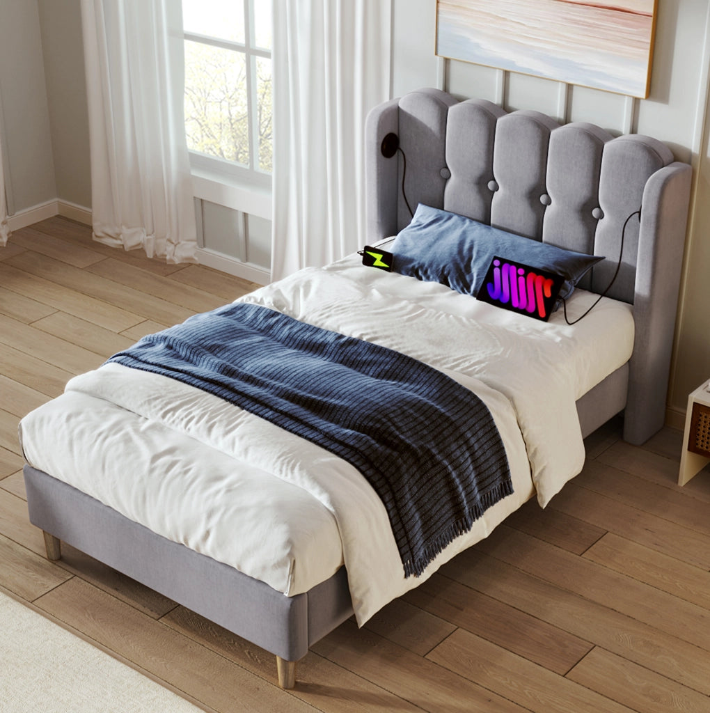 Letto singolo imbottito grigio 90x200 cm con USB e Type-C