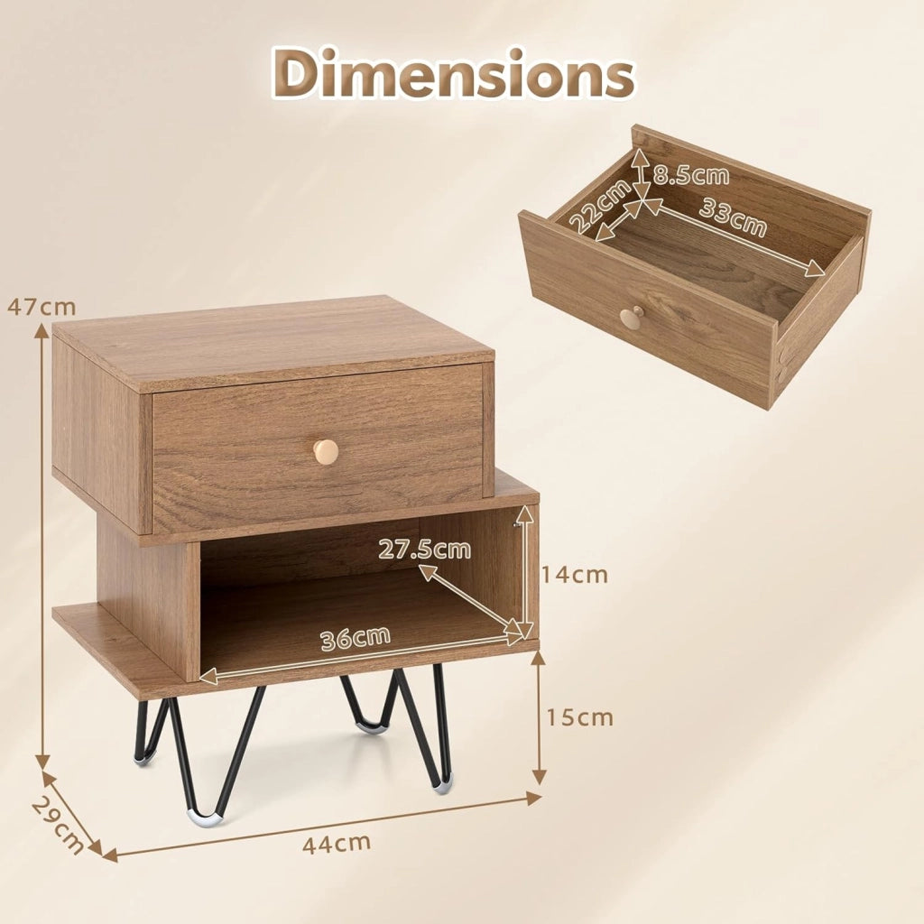 Set di 2 Comodini Camera da Letto con Scomparto e Cassetto, Comodini Piccoli in Legno, Armadietto da Ufficio, Tavolino Lato Moderno per Soggiorno, 39 x 29 x 47 cm (L x P x A) (Naturale)