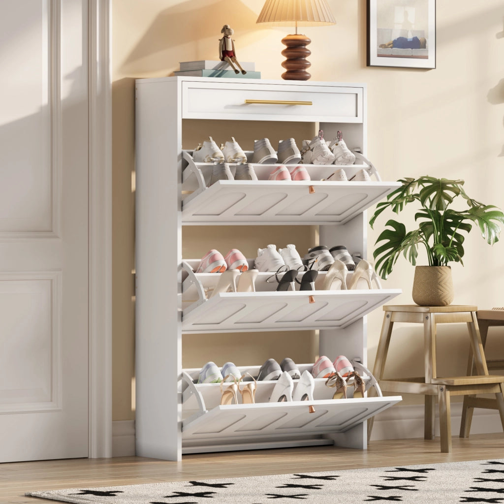Scarpiera 70x25x123.5 cm con 6 ripiani e 1 cassetto in MDF bianco