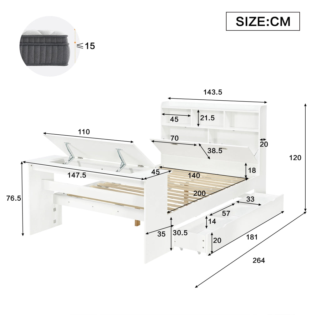 Letto con Cassetti 140 x 200 cm; Letto Matrimoniale - Tavolo Pieghevole e Mensole - Bianco