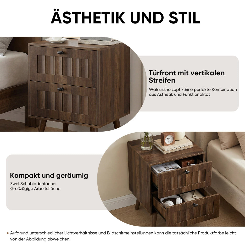 Comodino con 2 cassetti e guide silenziose, design retro con pannelli scanalati, per camera da letto, noce