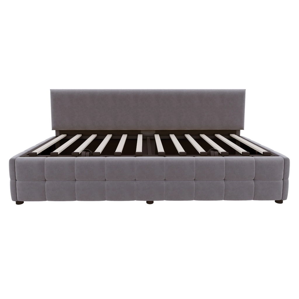 Letto imbottito singolo 90×200 cm con contenitore idraulico e schienale; senza materasso; velluto; grigio