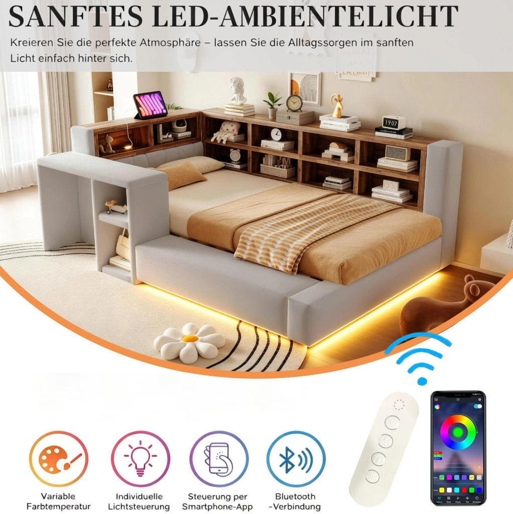 Letto imbottito 90x200 cm con contenitore; LED; prese integrate e comodino; grigio chiaro