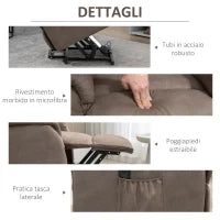 Poltrona Alzapersona Reclinabile 150° max con Telecomando e Poggiapiedi, 75x93x110 cm, Marrone