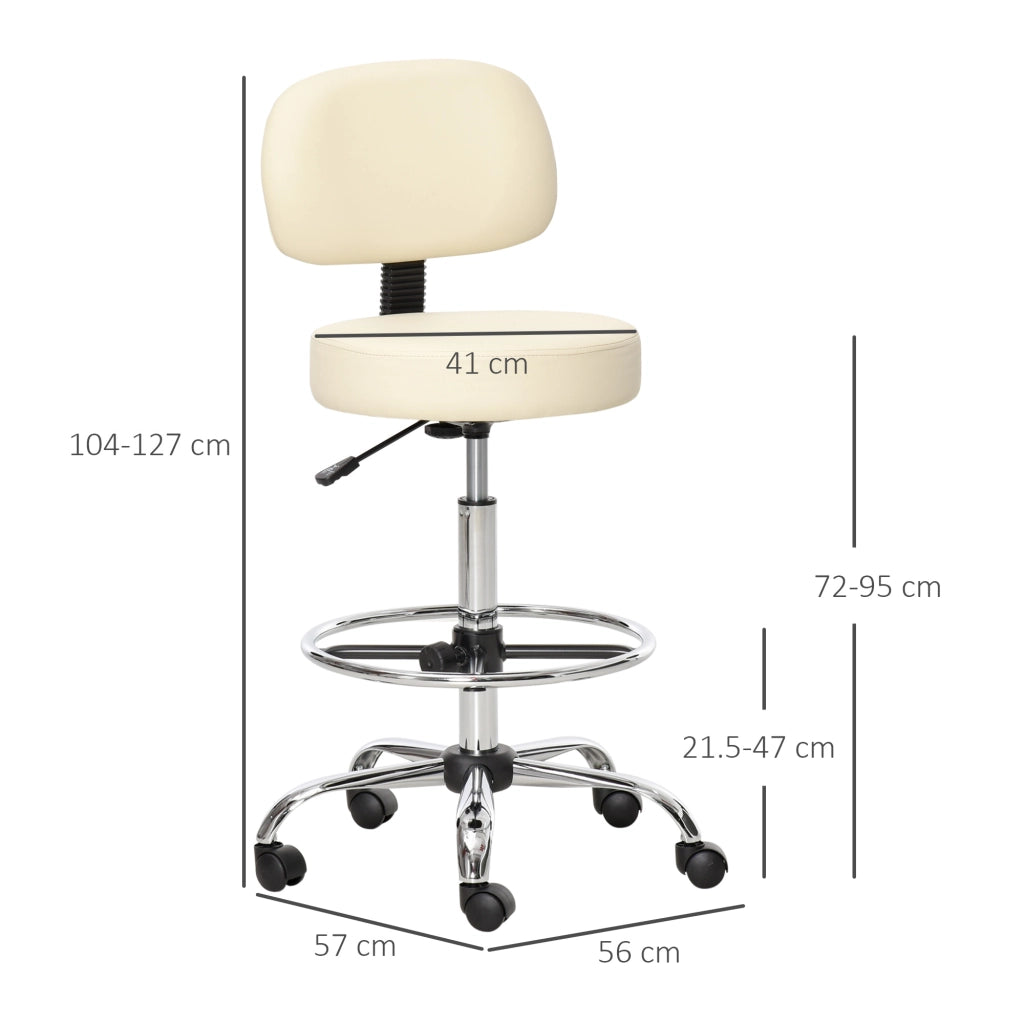 Sgabello da bar girevole con schienale, regolabile in altezza, rivestimento in PU beige, 56x57x104-127 cm