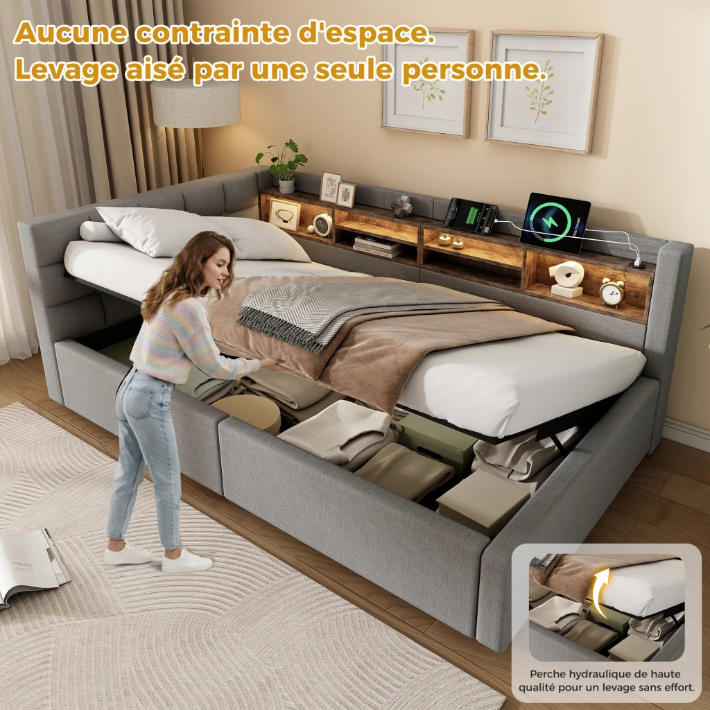 Letto contenitore 90x200 cm con LED dimmerabile; testiera con ripiano e prese USB; rivestimento in lino; grigio