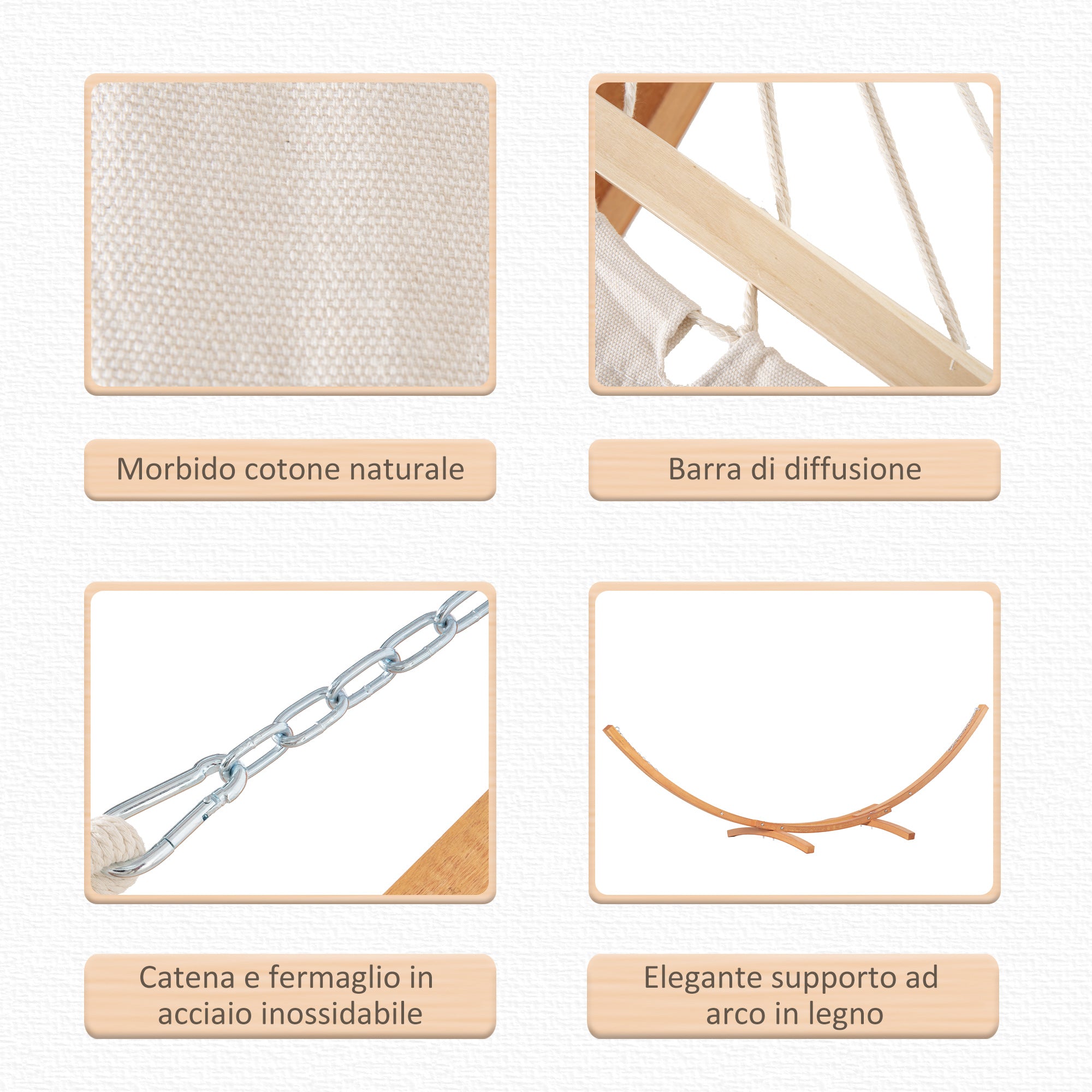 Amaca da Giardino 392x120x102 cm con Supporto in Legno di Pino e Cotone Bianca