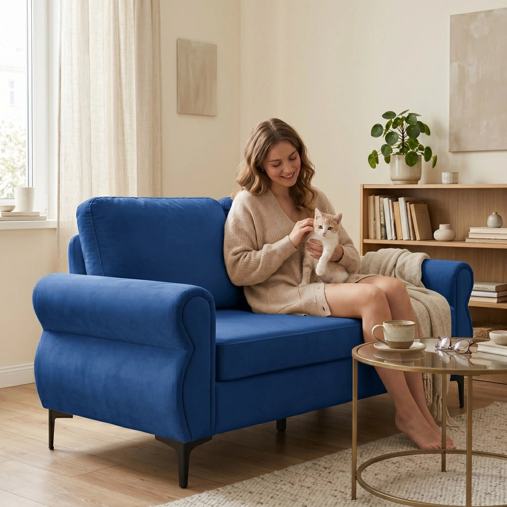 Divano lineare 3 posti con cuscini sfoderabili e seduta ergonomica in tessuto blu