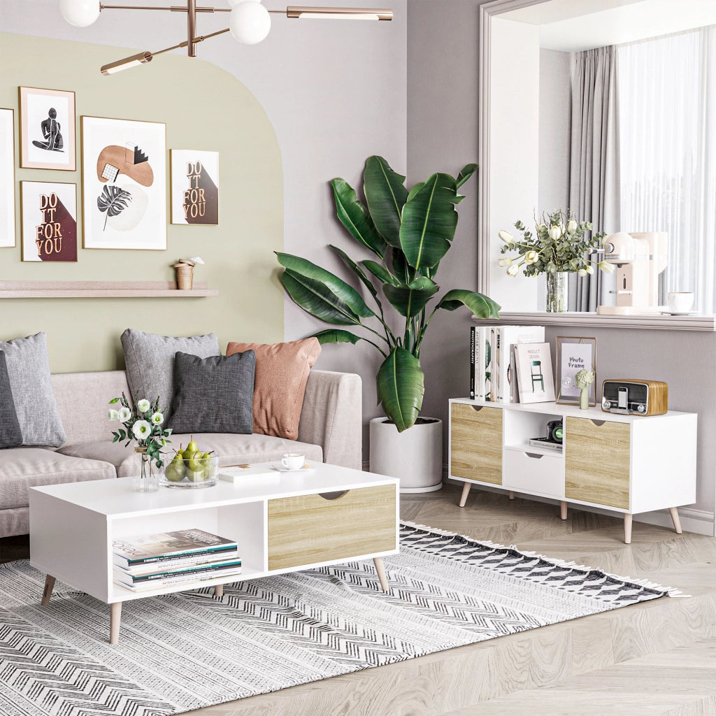 Mobile TV Moderno in Truciolato con Cassetti e Ripiani Aperti ¨C zephmum ¨C Bianco e Legno 110x40x50 cm