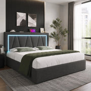 Letto matrimoniale 140x200 cm con LED; USB e Type-C; contenitore; in lino grigio