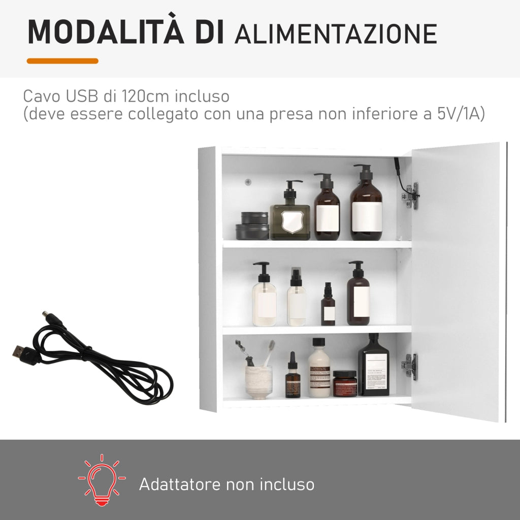 EasyComfort Armadietto Pensile da Bagno con 1 Anta, Specchio e Luci a LED | 2 Ripiani Interni | MDF Bianco (60 x 50 x 15cm)