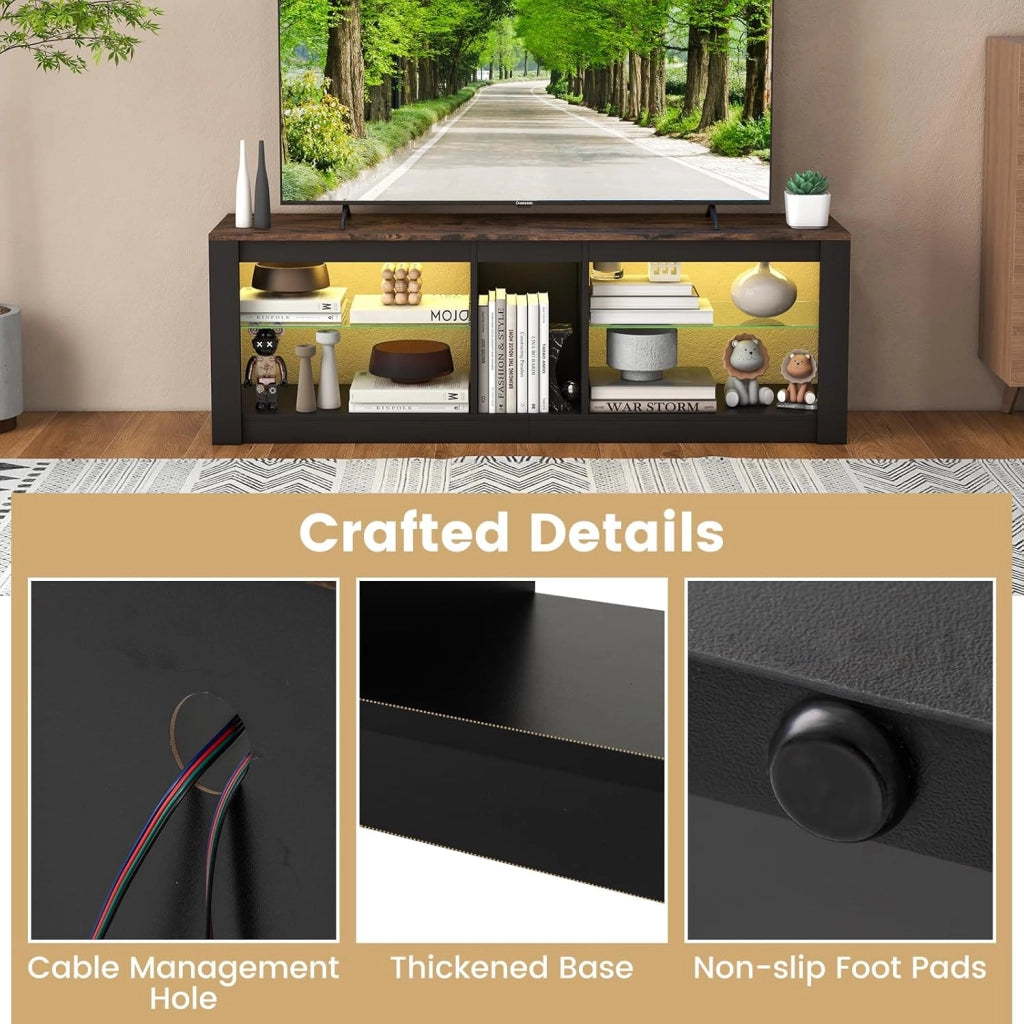 Mobile Porta TV con Luci LED, Supporto per TV fino a 65" con Ripiani di Vetro Temperato Regolabili e Telecomando, Mobile TV per Soggiorno, Studio, Camera da Letto, 140 x 35 x 47 cm