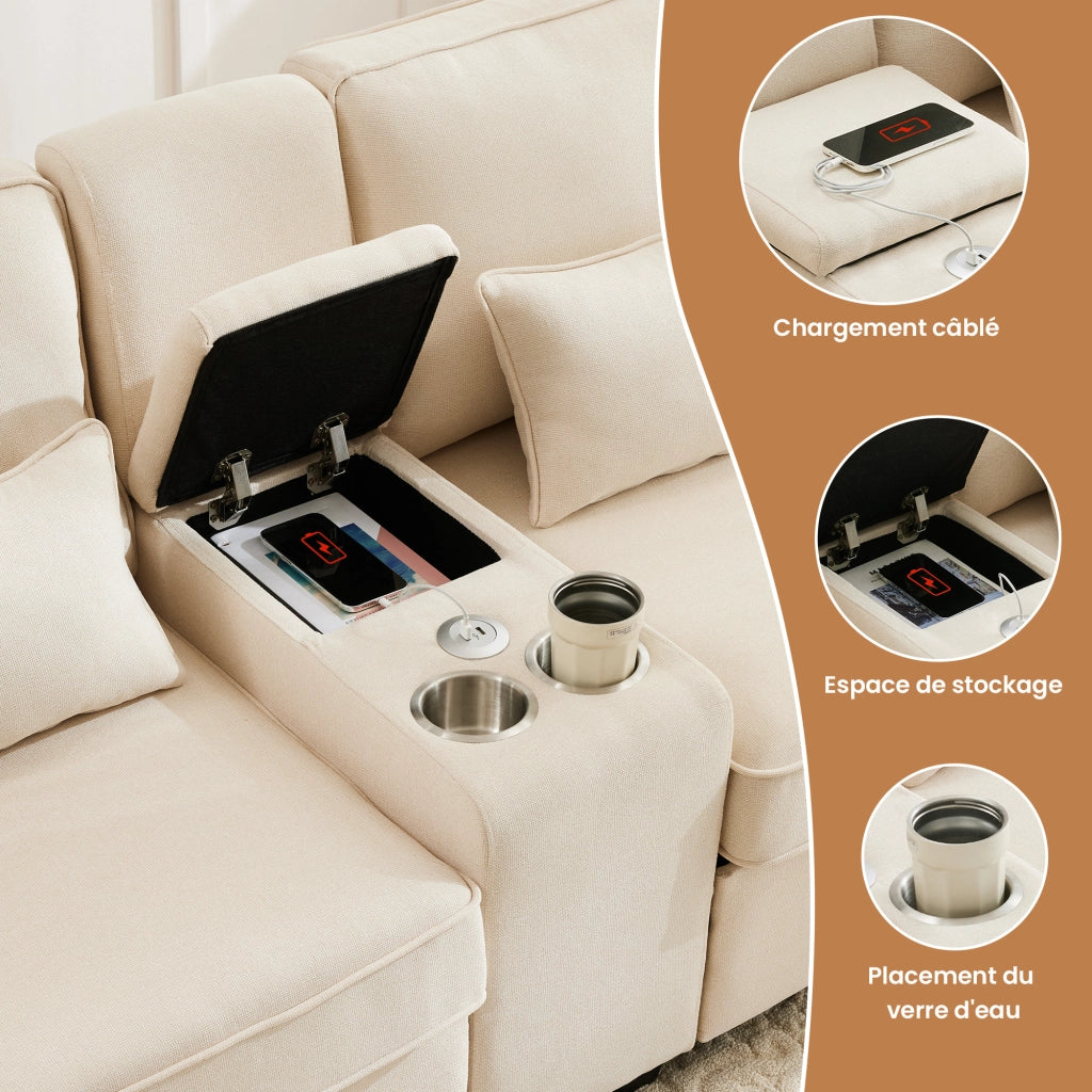 Divano Dritto 4 Posti con Consolle; 2 Portabicchieri e 2 Porte USB; Cuscini di Supporto; in Lino Beige