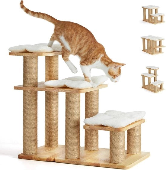 Trappola per animali a 3 gradini con materiale di ricambio naturale in gomma e juta, altezza regolabile 18-50 cm, peso massimo 90 kg, cuscino in piuma lavabile, 6 combinazioni disponibili