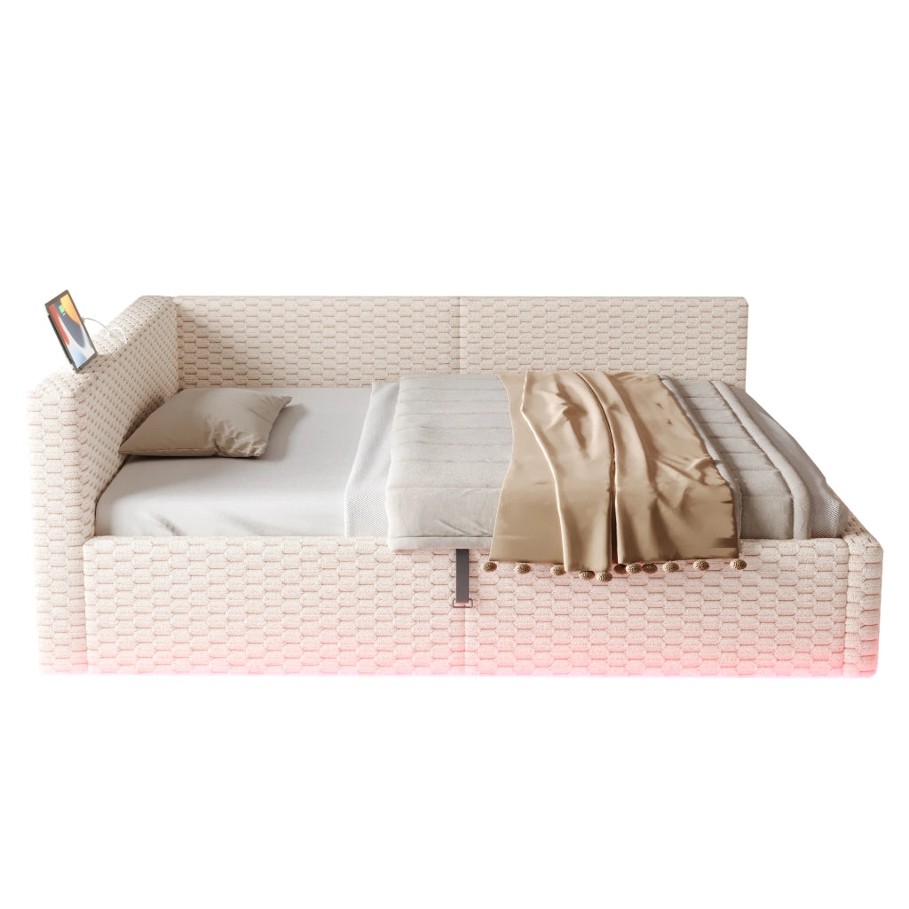 Letto Matrimoniale 140x200 cm; Contenitore; LED; USB e Tipo C; in Velluto; Beige