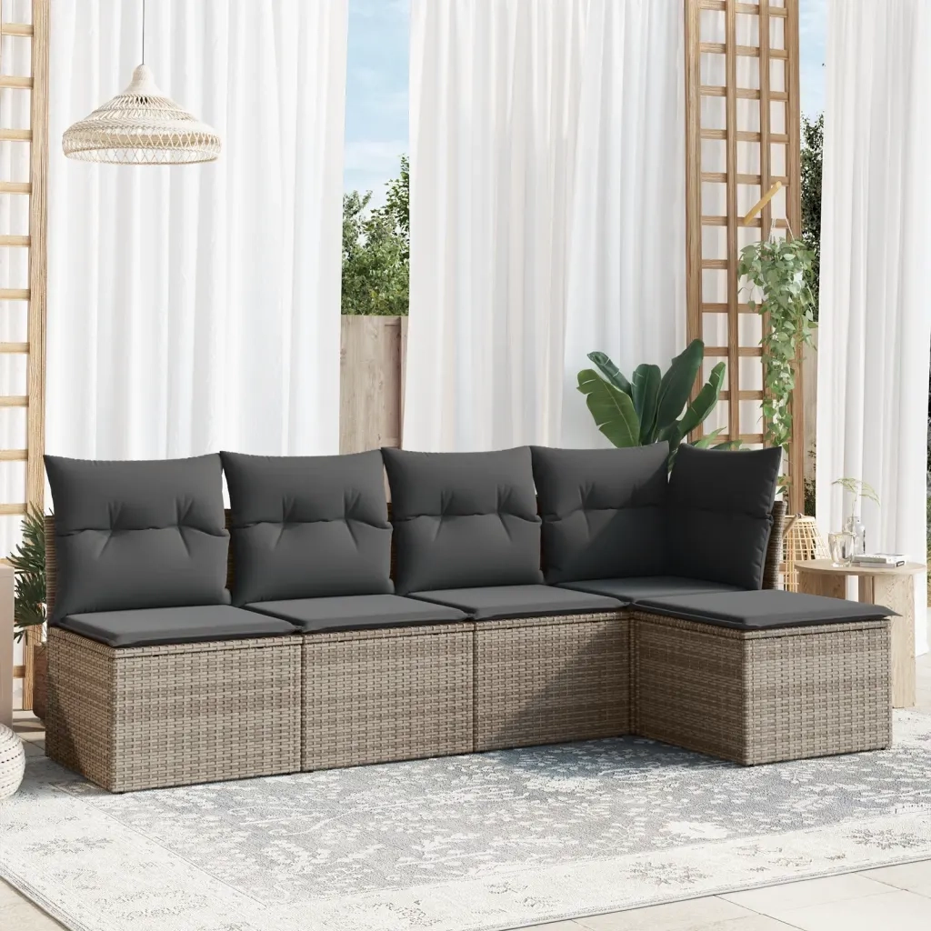 Set Divano da Giardino 5 pz | Set Salotto da Giardino con Cuscini Grigio in Polyrattan