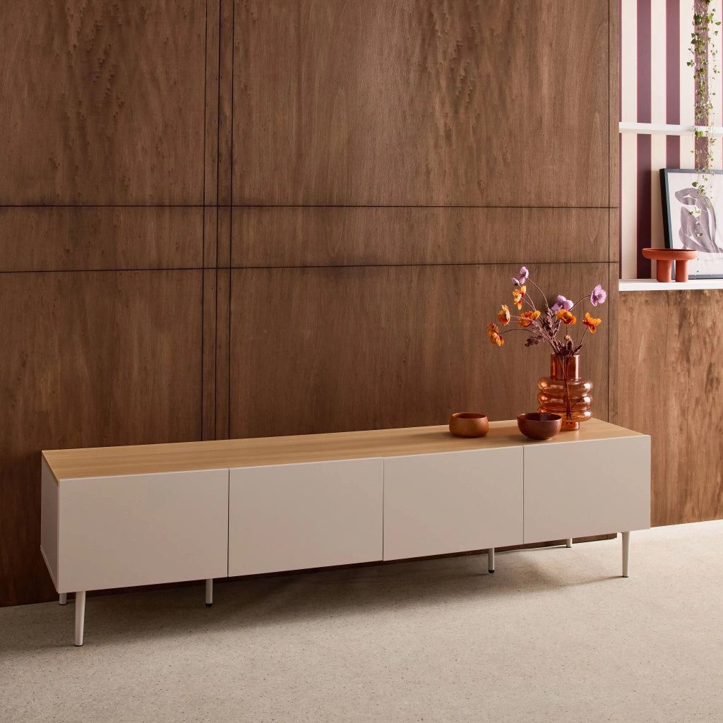 Mobile tv in metallo e decorazione in legno 4 ante, 180cm, beige