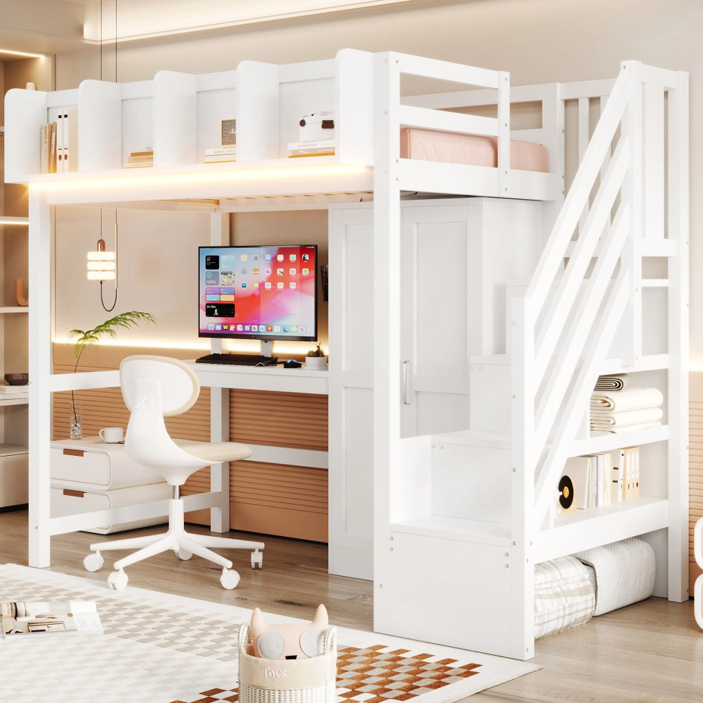 Letto a soppalco 90x200 cm in legno bianco con scrivania; armadio; scala portaoggetti e LED