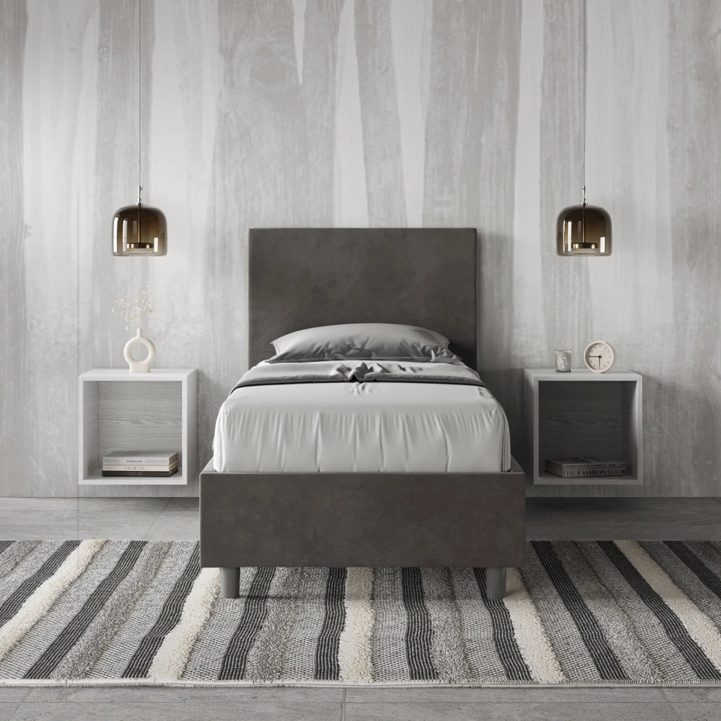 BS COM Letto singolo con rete imbottito 80x190 microfibra grigio