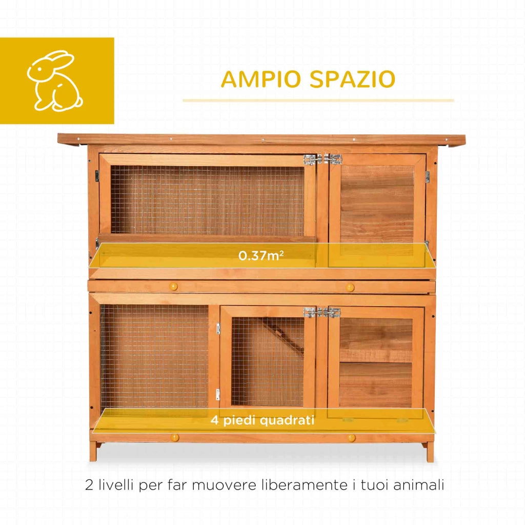 Conigliera da Esterno in Legno con Casetta e Recinto a 2 Piani, 122x48x100 cm
