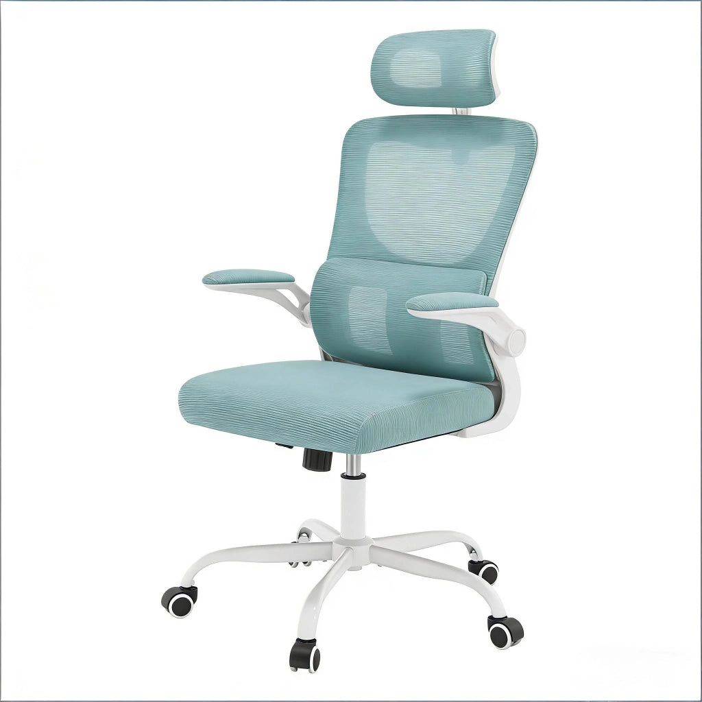 Sedia da ufficio ergonomica con schienale in rete alto, poggiatesta regolabile e ruote, blu
