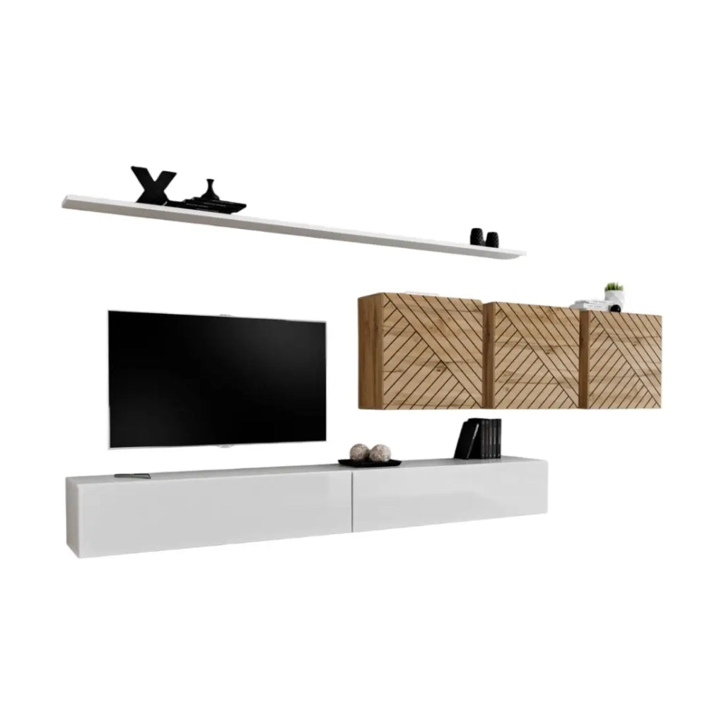 Set di mobili da soggiorno della collezione SWITCH VII, colore bianco e quercia con finiture fresate.