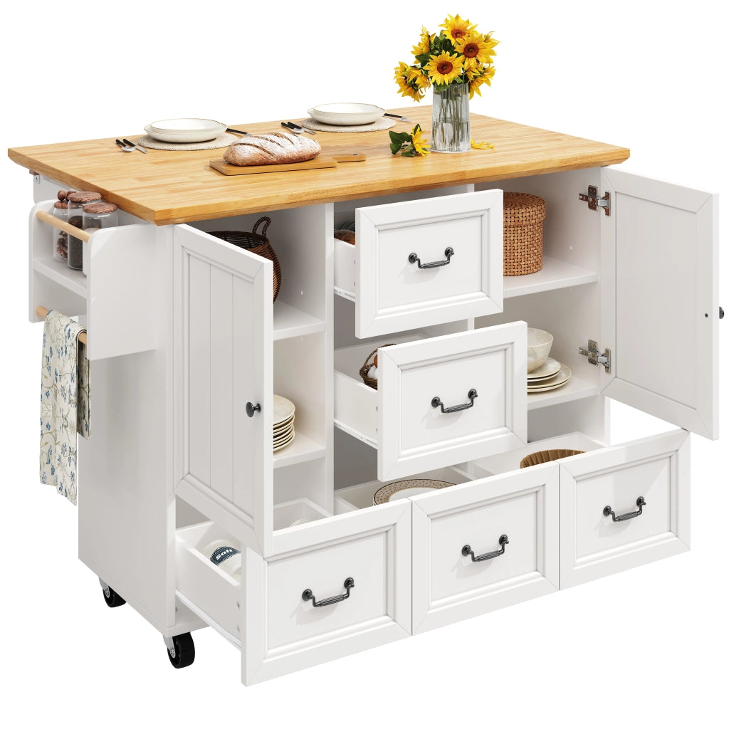 OKWISH Carrello da Cucina con Piano Pieghevole, 2 Ante e 5 Cassetti, Ruote, MDF e Metallo, Bianco
