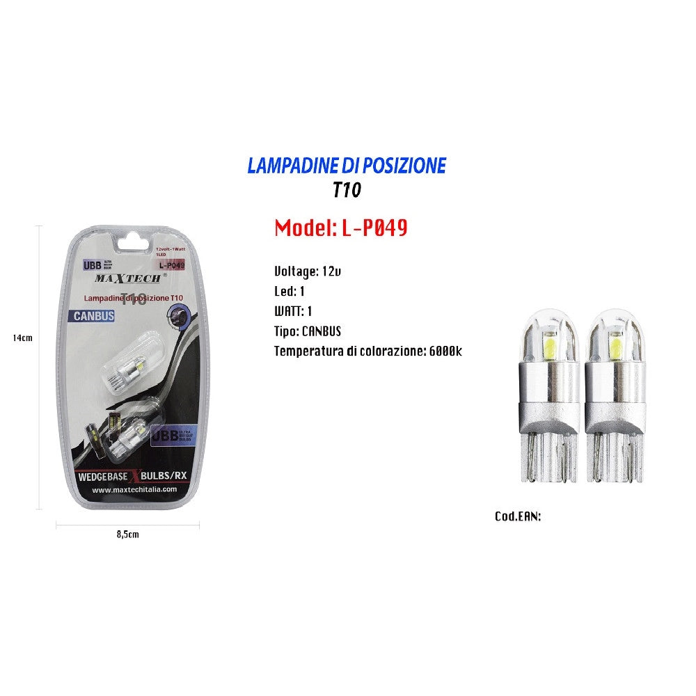 Trade Shop - Lampadine Di Posizione T10 Maxtech L-p049 12v-1w 1led Canbus 6000k Ultra Luminose -
