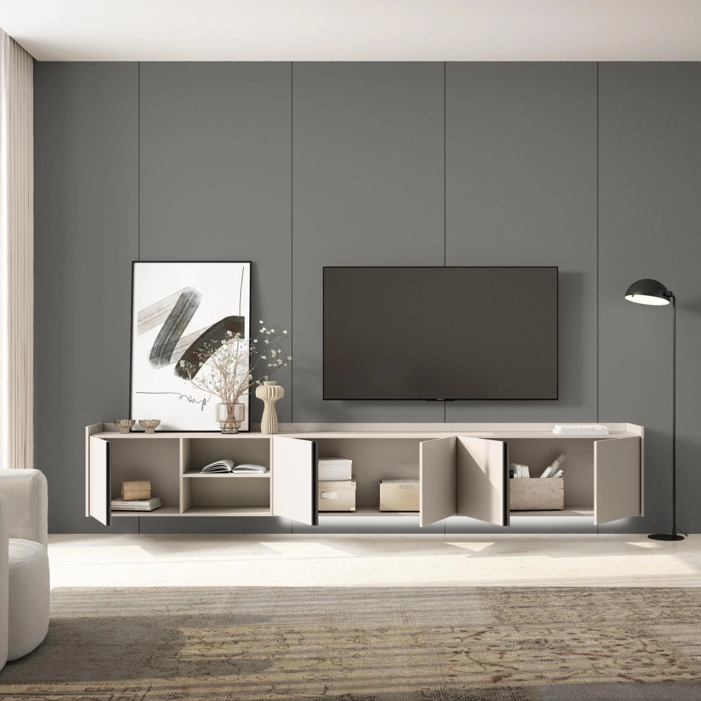 Mobile TV Soggiorno, 309x50x35 cm, Per TV fino a 80", Sospeso, da appendere, LED, Beige