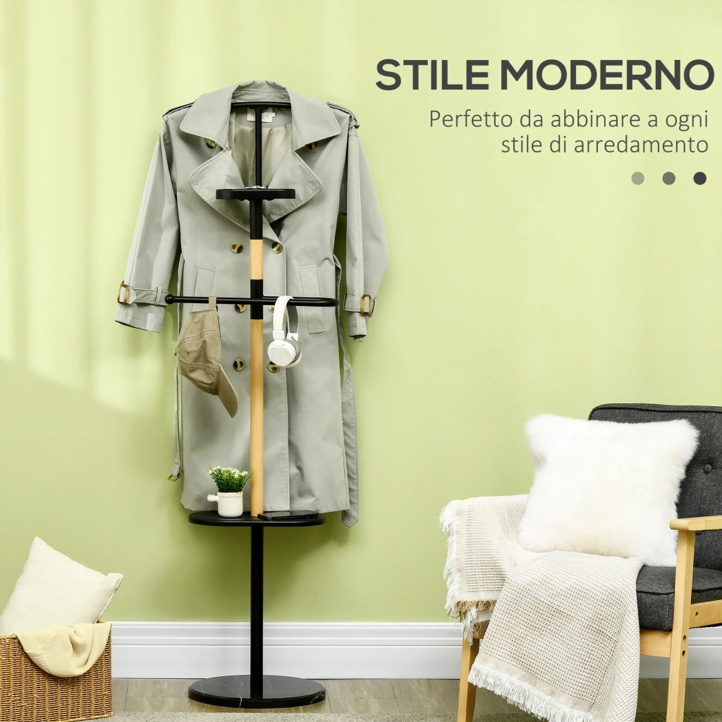Easycomfort Appendiabiti da Terra in Legno e Acciaio con Mensole e Gruccia per Abiti, 46x35x152cm, Nero